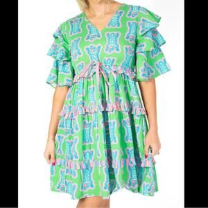Briton Court Reese Tiger Tiered Ruffle Mini Dress Green Blue Pink Size Medium